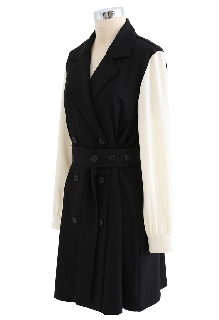 Contrast Color Double-Breasted Chiffon Trench Coat in Black