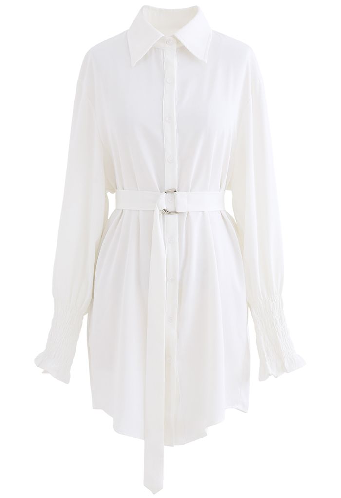 Belted Button Down Hi-Lo Shirt Dress in White