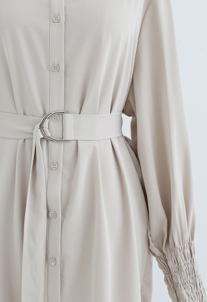 Belted Button Down Hi-Lo Shirt Dress in Light Tan