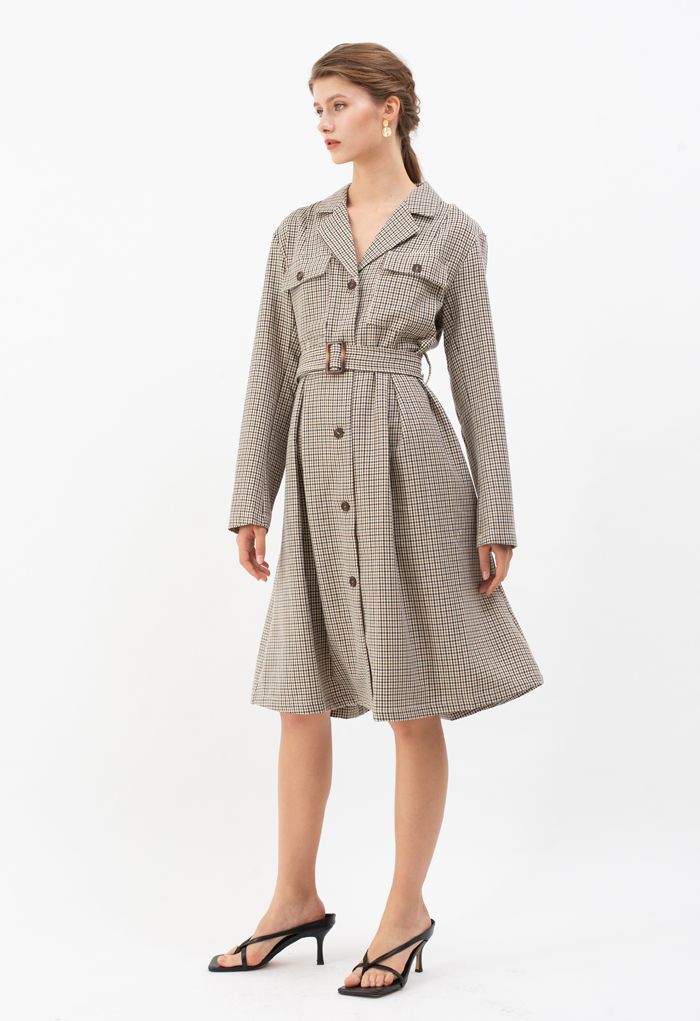 Button Down Houndstooth Belted Coat in Brown