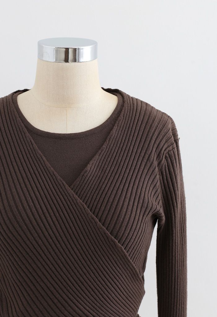 Two-Piece Soft Knit Cropped Top in Brown