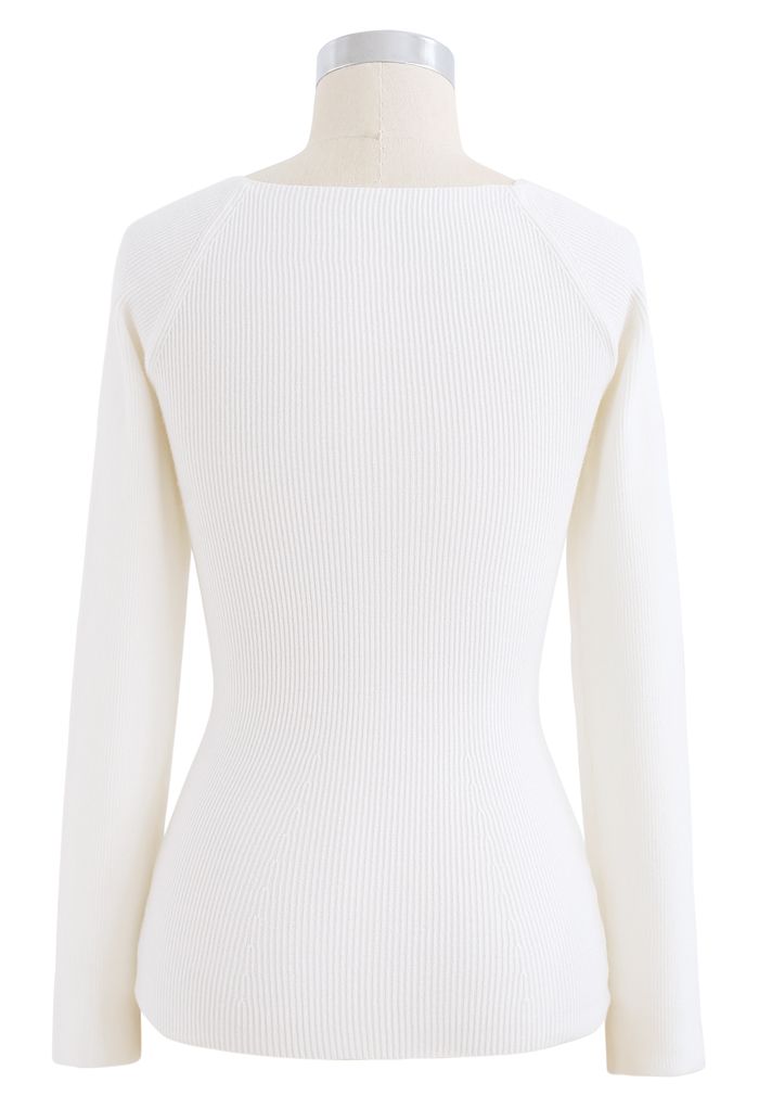 Square Neck Long Sleeves Fitted Knit Top in White