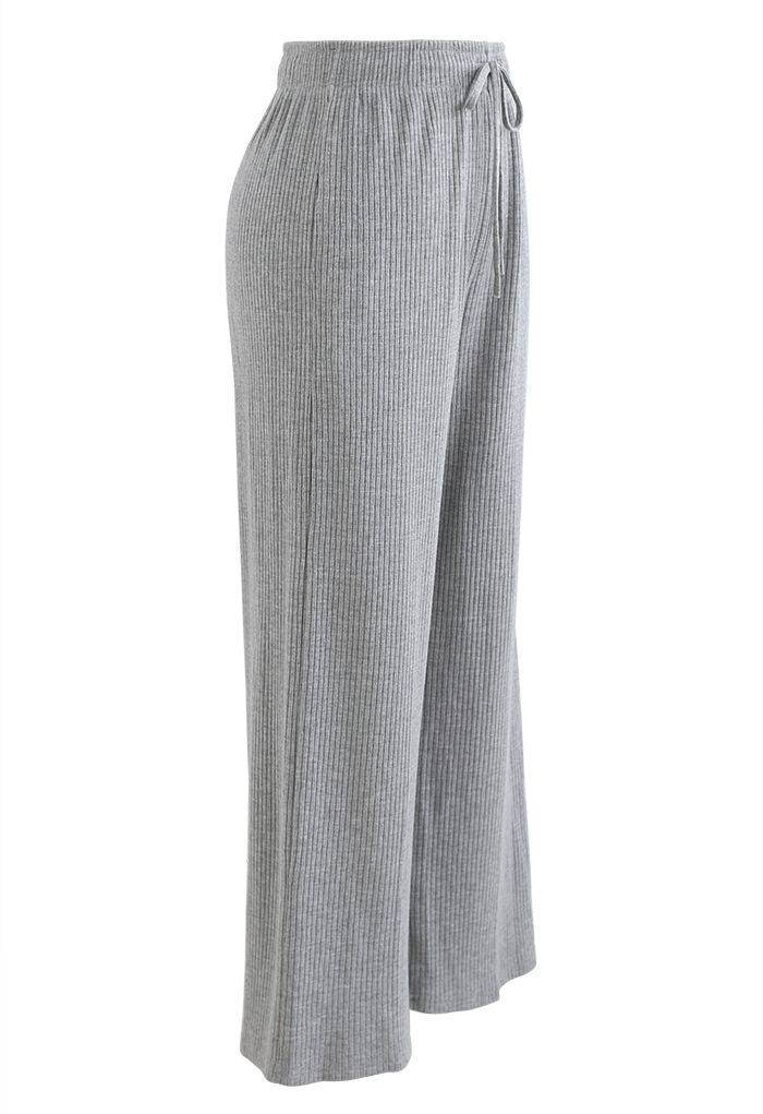 Cropped Wide-Leg Drawstring Knit Pants in Grey