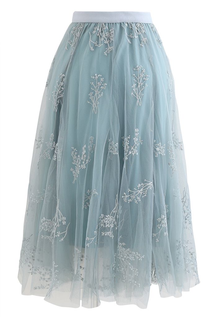 Sequins Embroidered Bouquet Mesh Midi Skirt in Turquoise