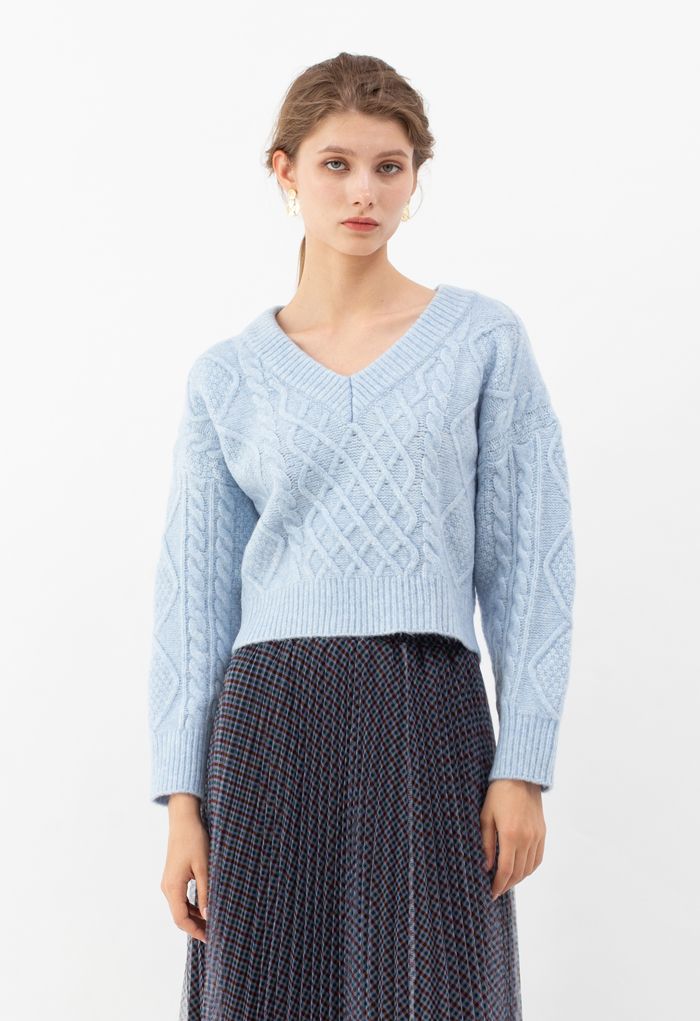 Tie-Back Cable Knit V-Neck Crop Sweater in Blue