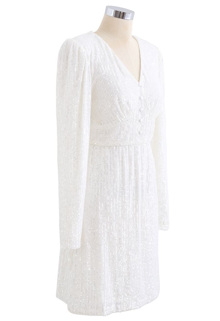 Shimmer Sequin Padded Shoulder Mesh Dress in Pearl White