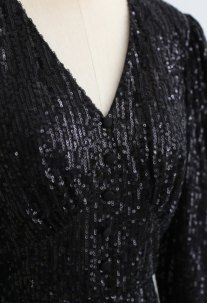 Shimmer Sequin Padded Shoulder Mesh Dress in Black
