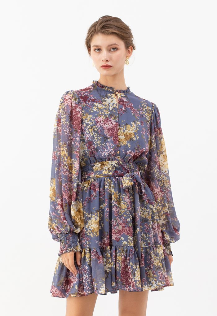 Flying Petals Print Puff Sleeves Ruffle Dress in Lavender