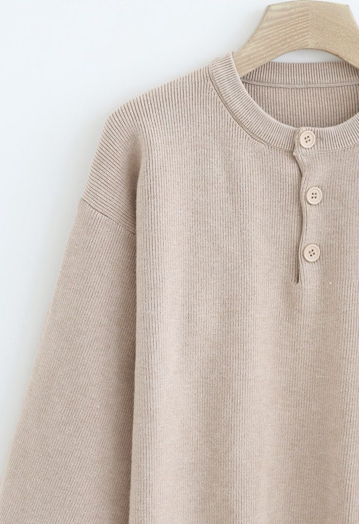 Buttoned Flare Sleeves Knit Sweater in Tan