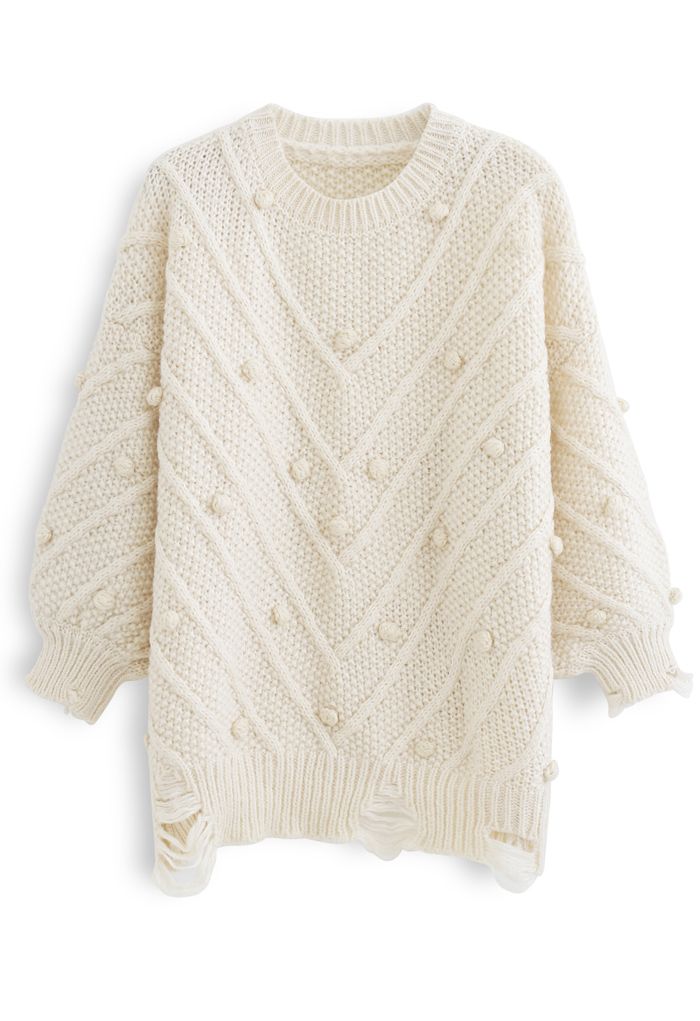 Raw Hem Pom-Pom Oversize Knit Sweater in Cream