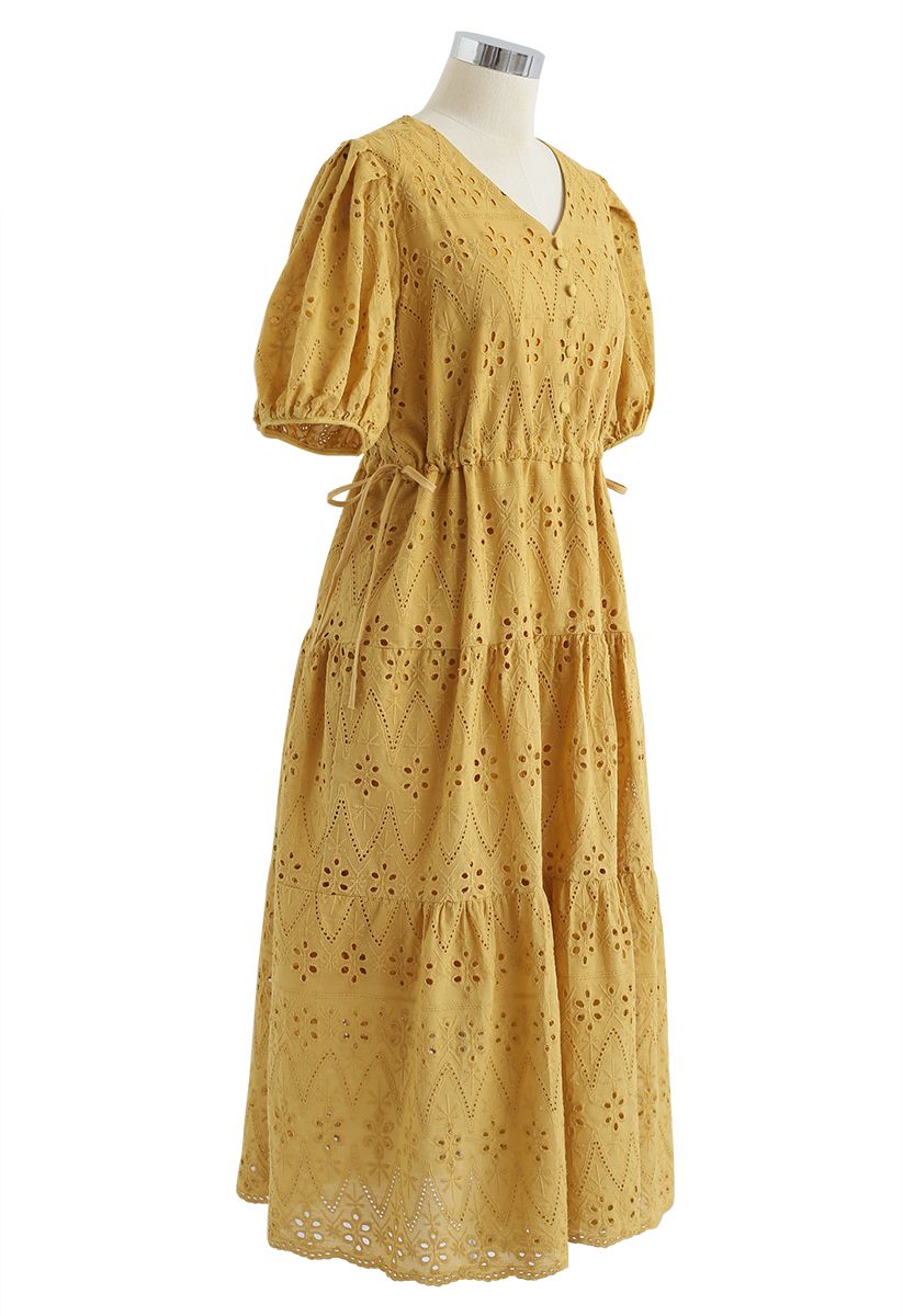 Zigzag Eyelet Floral Embroidered Flare Midi Dress in Mustard 
