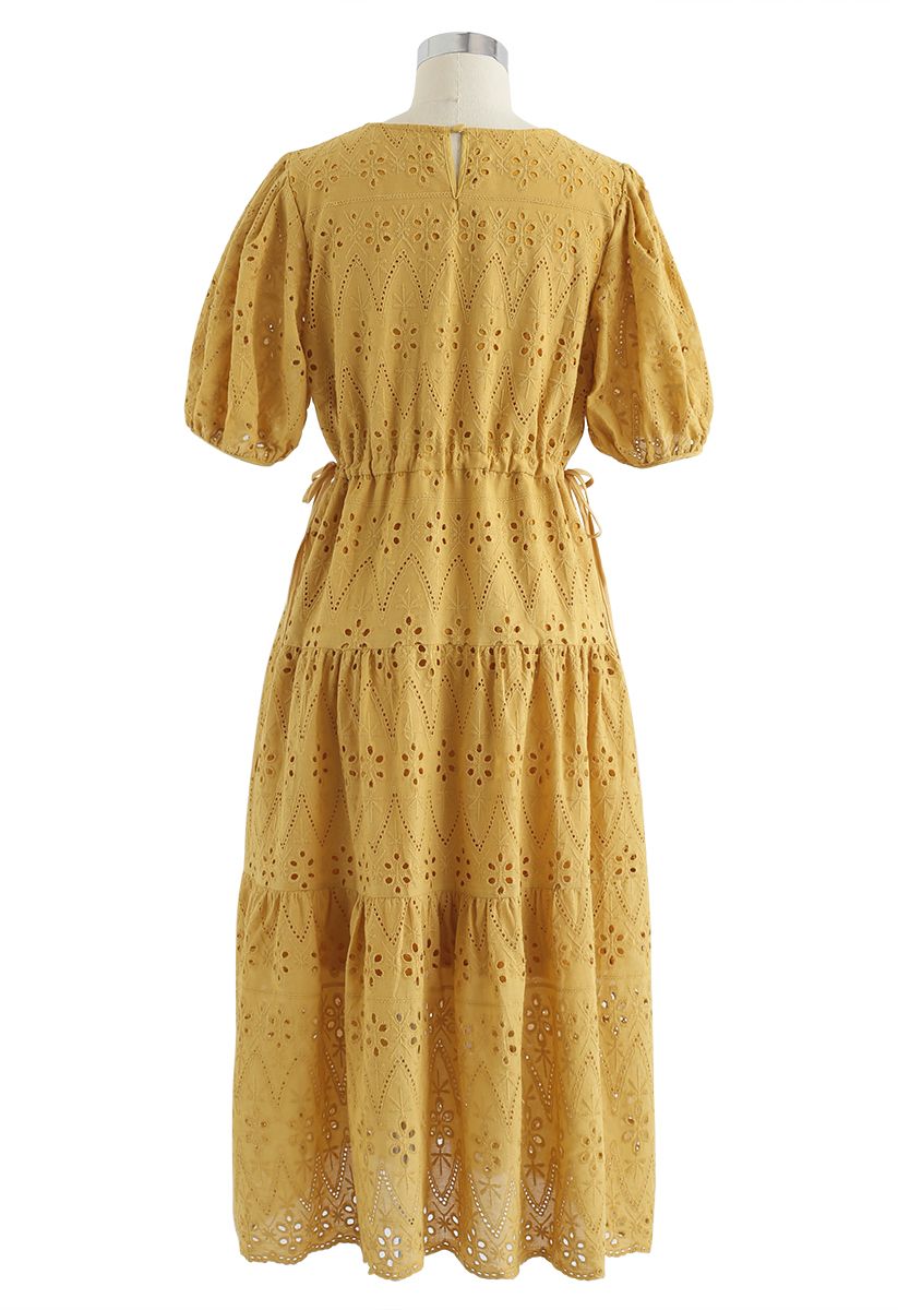 Zigzag Eyelet Floral Embroidered Flare Midi Dress in Mustard 