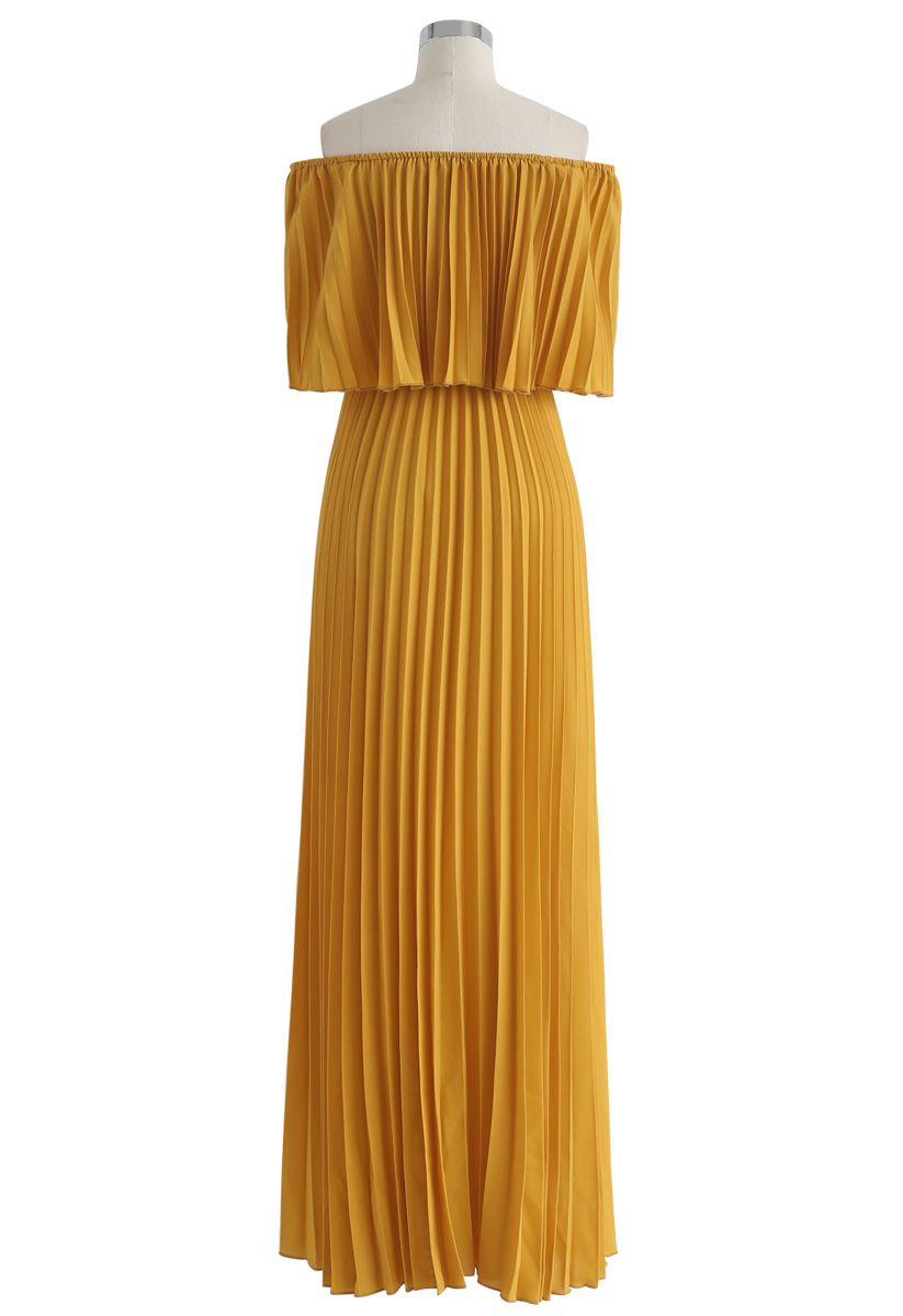 Dancing Till Dawn Off-Shoulder Pleated Maxi Dress in Mustard