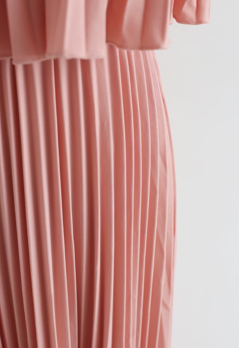 Dancing Till Dawn Off-Shoulder Pleated Maxi Dress in Pink