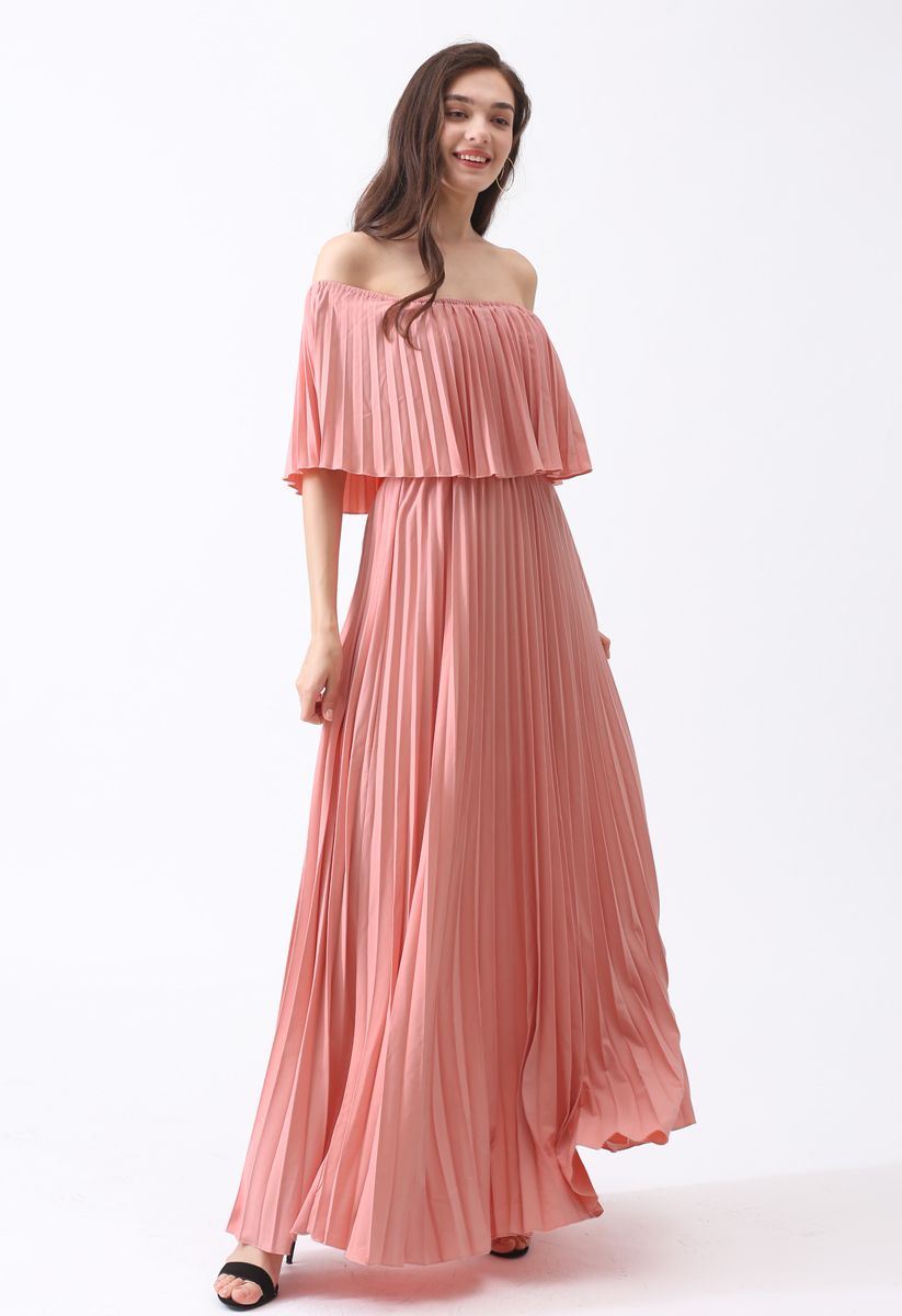 Dancing Till Dawn Off-Shoulder Pleated Maxi Dress in Pink