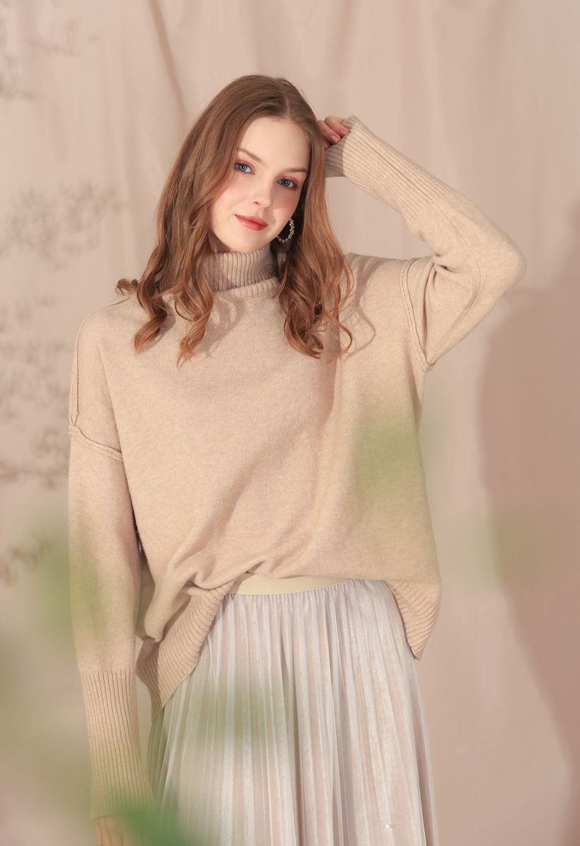 Soft Touch Basic Cowl Neck Knit Sweater in Tan