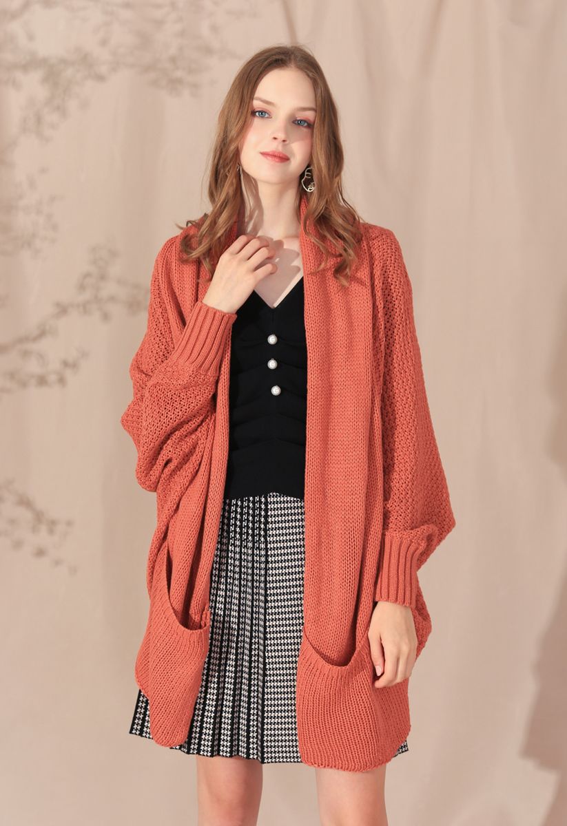 Open Front Drape Knit Cardigan in Coral