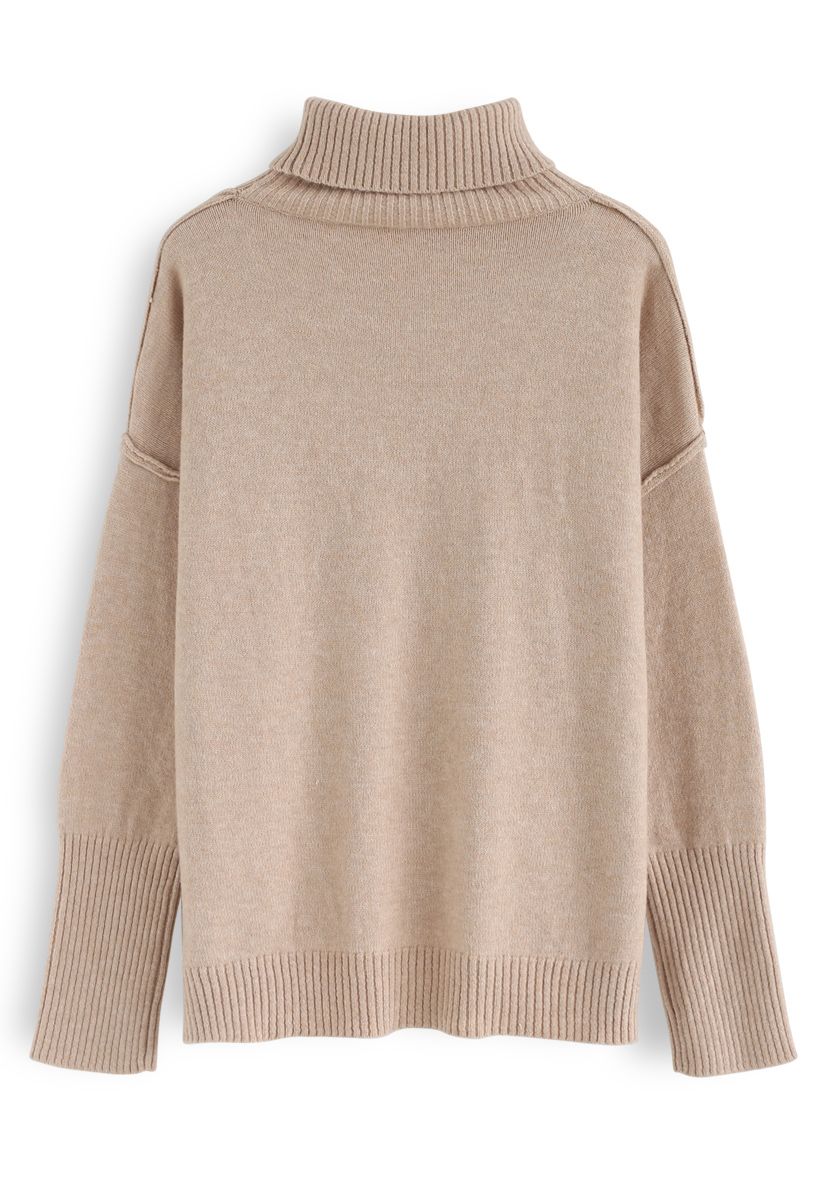 Soft Touch Basic Cowl Neck Knit Sweater in Tan