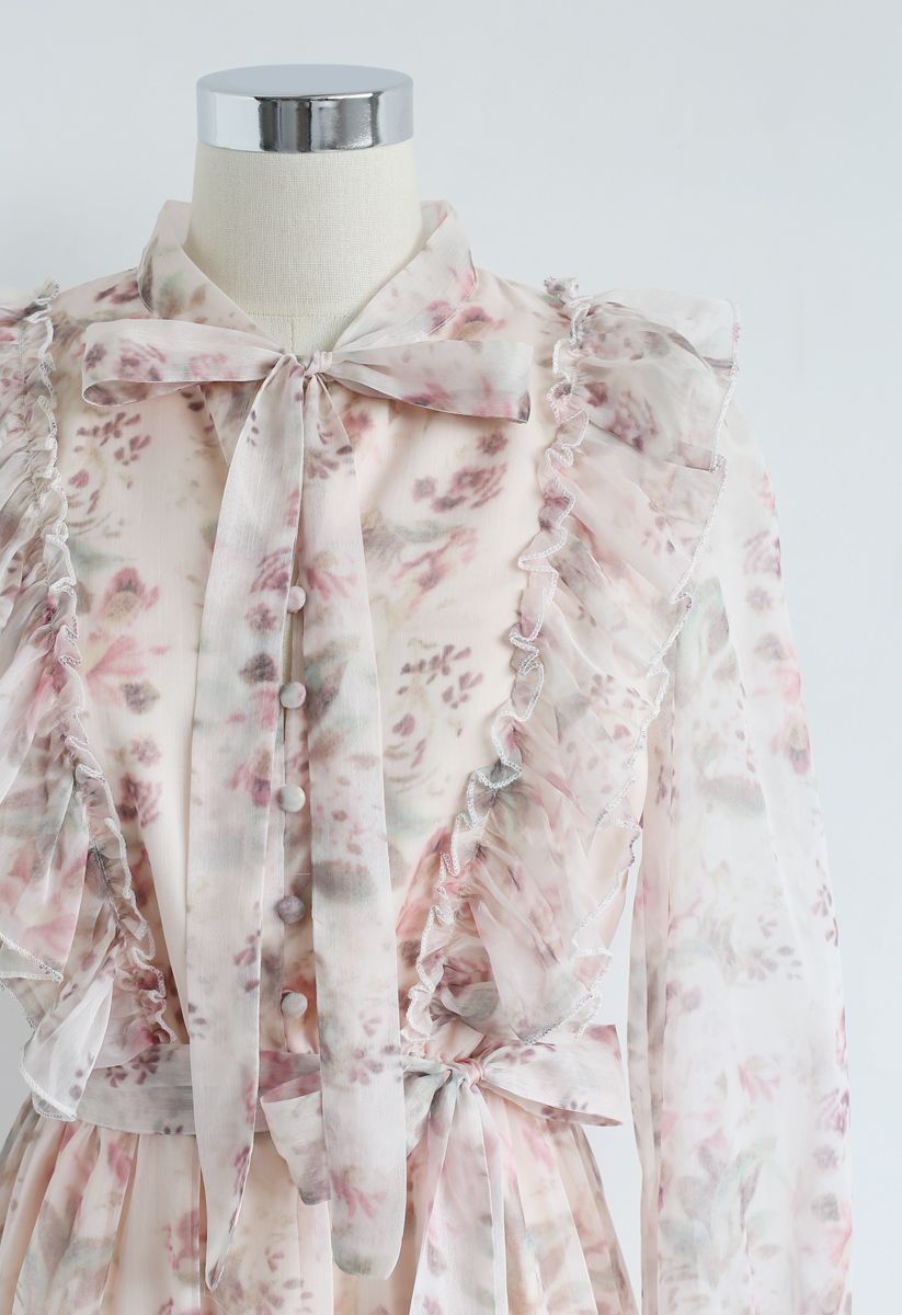 Floral Watercolor Bowknot Ruffle Dress 