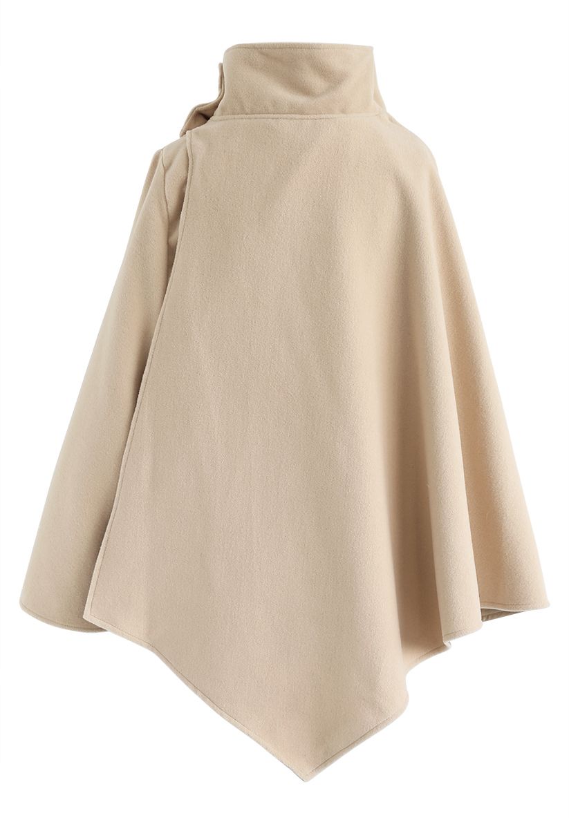 Asymmetric Hem Button Wrap Cape Coat in Light Tan