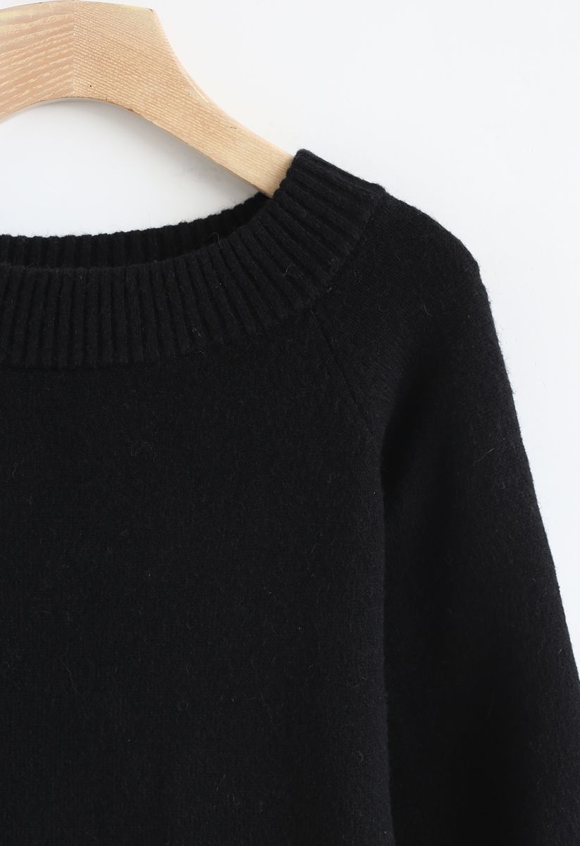 Puff Sleeves Off-Shoulder Fluffy Knit Sweater in Black