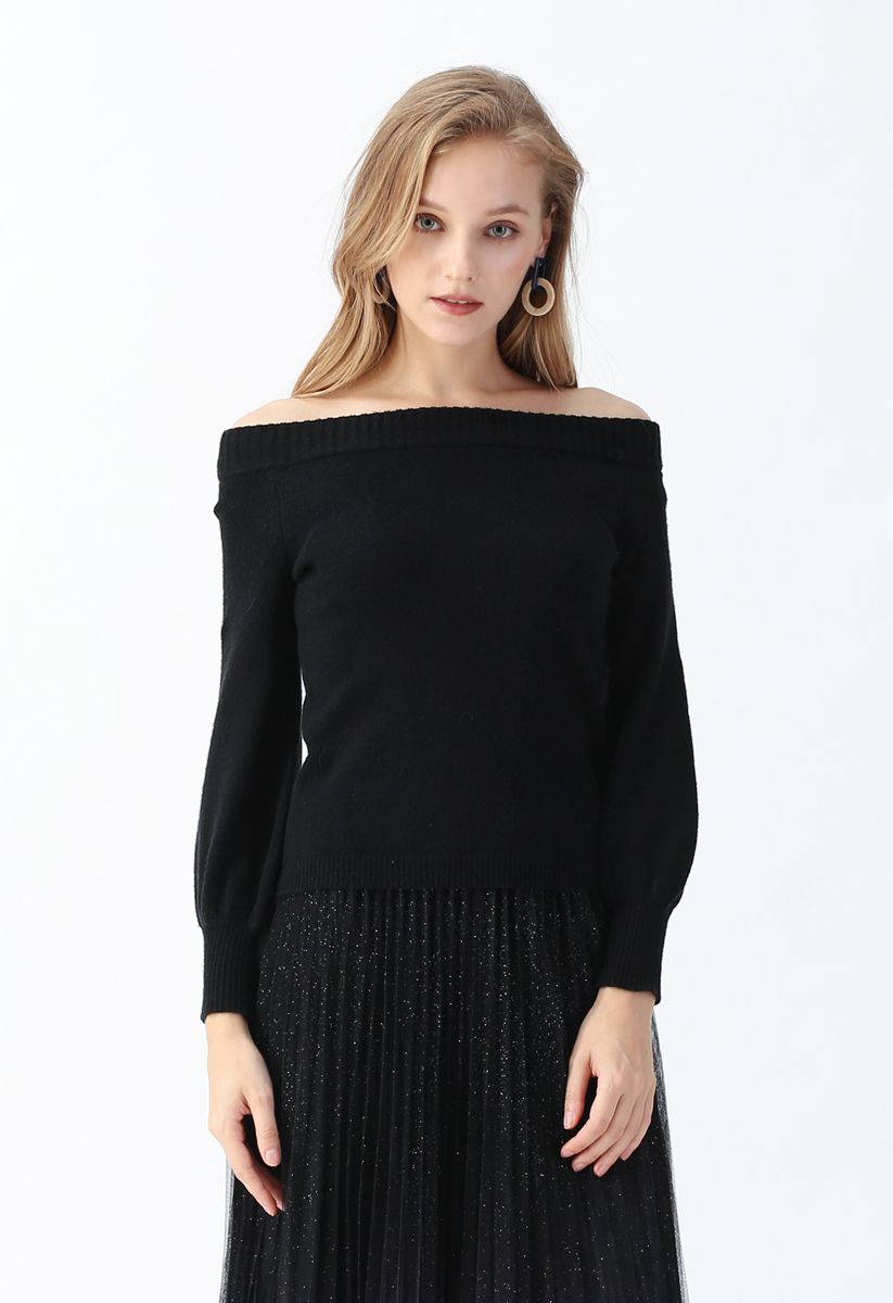 Puff Sleeves Off-Shoulder Fluffy Knit Sweater in Black