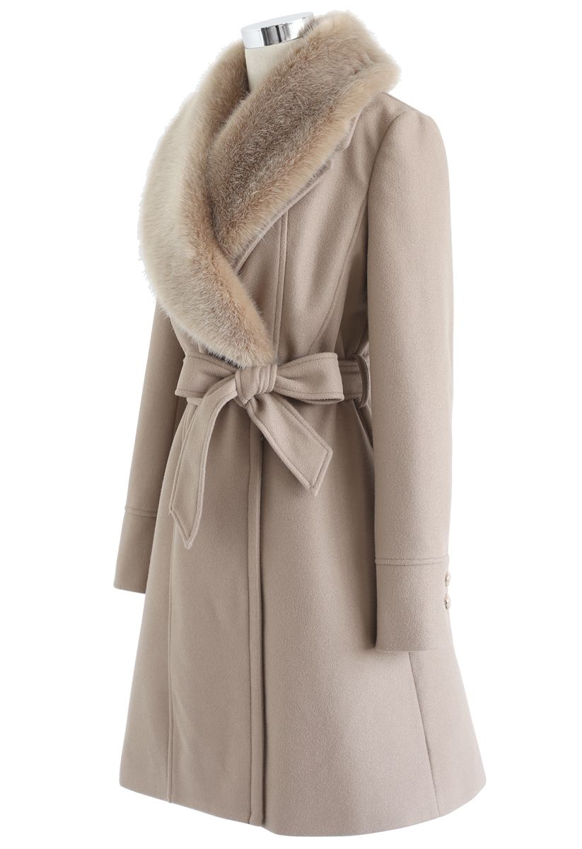 Faux Fur Collar Belted Flare Coat in Taupe