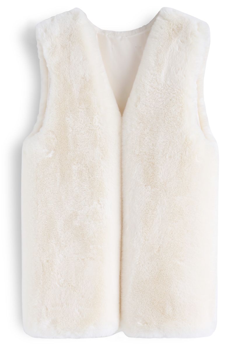 Cream Mid-Length Faux Fur Vest