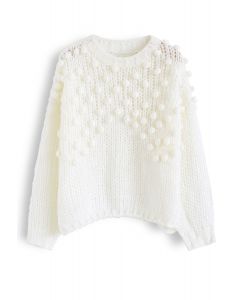 Hand-Knit Pom-Pom Trim Fluffy Sweater in White
