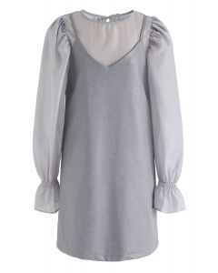 Semi-Sheer Puff Sleeves Top and Faux Leather Cami Dress Set in Grey