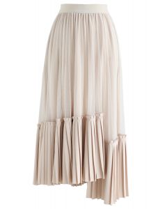 Mesh Asymmetric Hem Pleated Midi Skirt in Cream