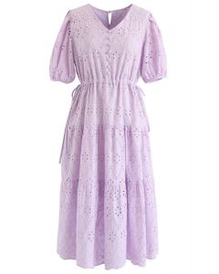 Zigzag Eyelet Floral Embroidered Flare Midi Dress in Lilac