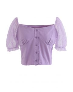 Lace Sleeves Spliced Button Down Crop Top in Purple