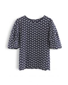 Puff Sleeves Eyelet Floral Embroidered Top in Navy