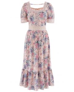 Crystal Button Crochet Floral Square Neck Dress in Pink