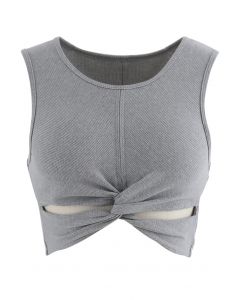 Twist Front Ribbed Sleeveless Low-Impact Sports Bra in Grey