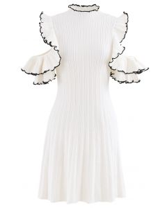 Ruffle Cold Shoulder Ribbed Knit Dress in White