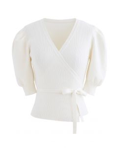 Bubble-Sleeve Wrapped Ribbed Knit Top in White
