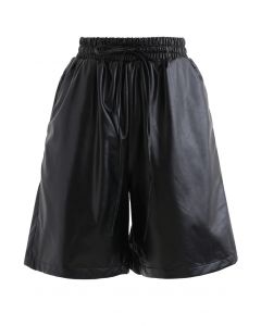 Drawstring PU Leather Shorts in Black