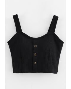 Buttoned Front Strappy Crop Tank Top in Black