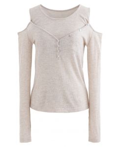 Fake Two-Piece Button Knit Top in Sand