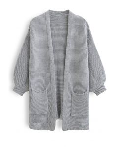 Basic Pockets Open Front Knit Cardigan in Grey