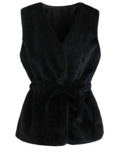 Bowknot Soft Faux Fur Vest in Black