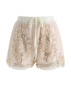Shinning Pearls Shorts de gasa con ribetes en crema