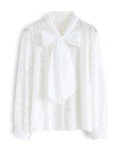 Floral Lace Bow Neck Shirt in White