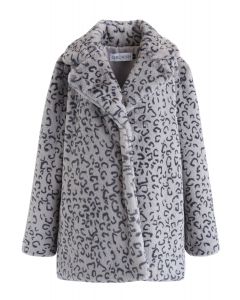 Collared Leopard Faux Fur Coat in Grey