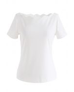 Wavy Boat Neck Short Sleeves Top in White