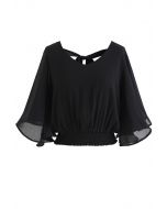 Butterfly Flare Sleeves V-Neck Crop Top in Black
