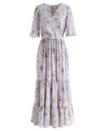 Demure Floral Print Wrapped Maxi Dress in Lavender