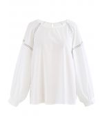 Contrast Line Puff Sleeves Loose Top in White